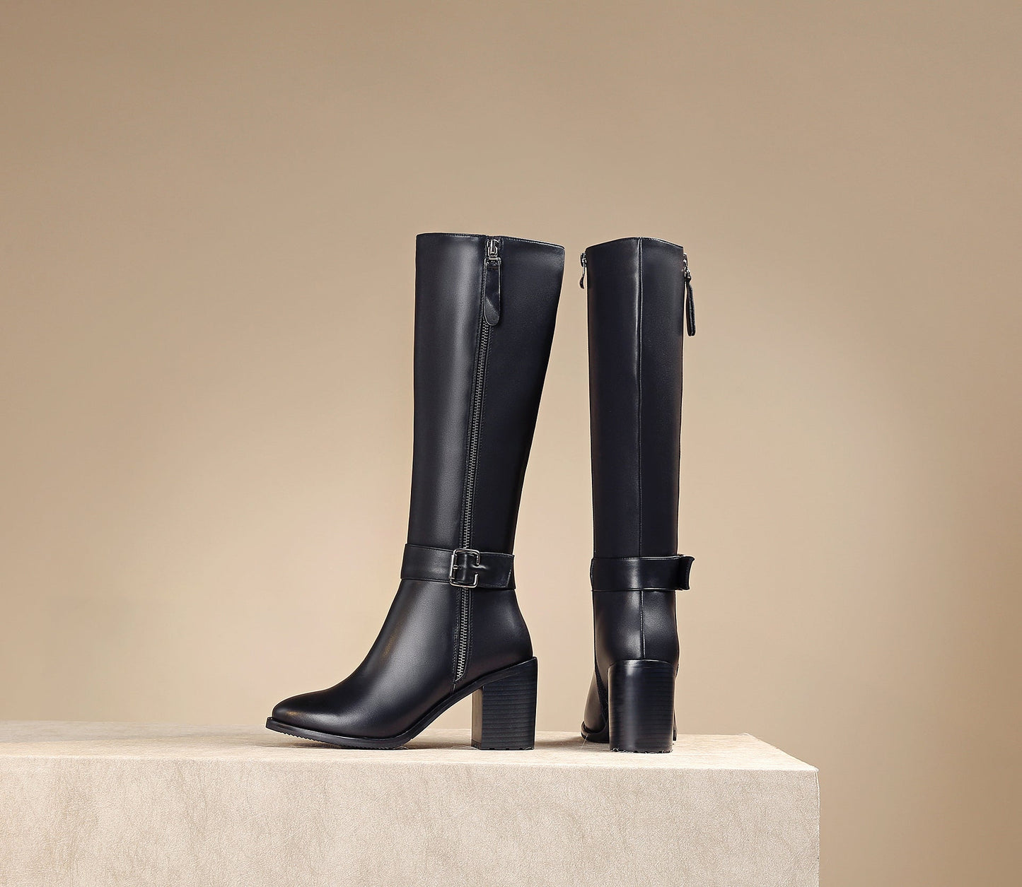 Nine Seven Women's Genuine Leather Round Toe Handmade Buckled Dual Zippers High Chunky Heels Stylish Knee High Boots