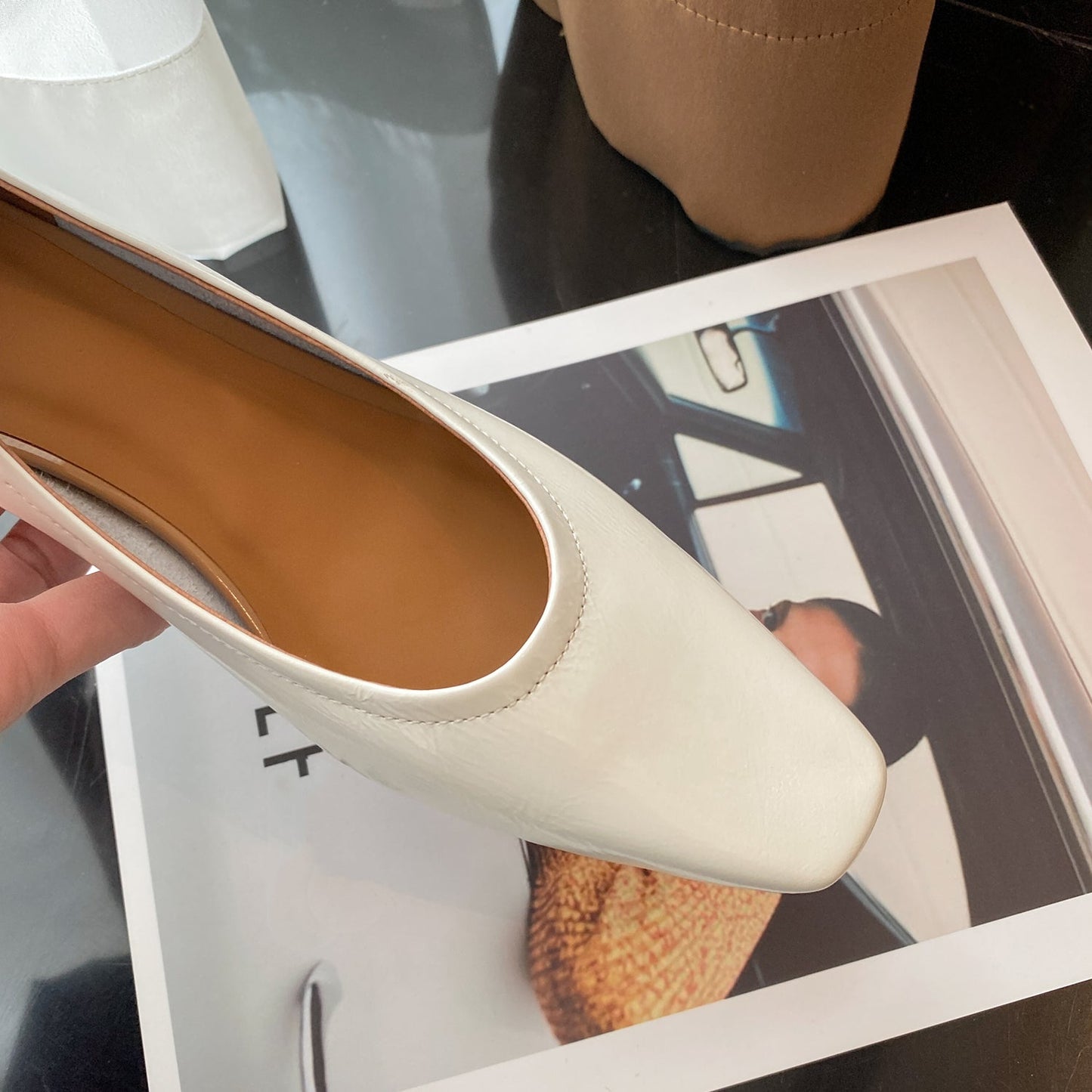 Nine Seven Women's Handmade Genuine Leather Chunky Heel Little Toe Slip On Office Pumps