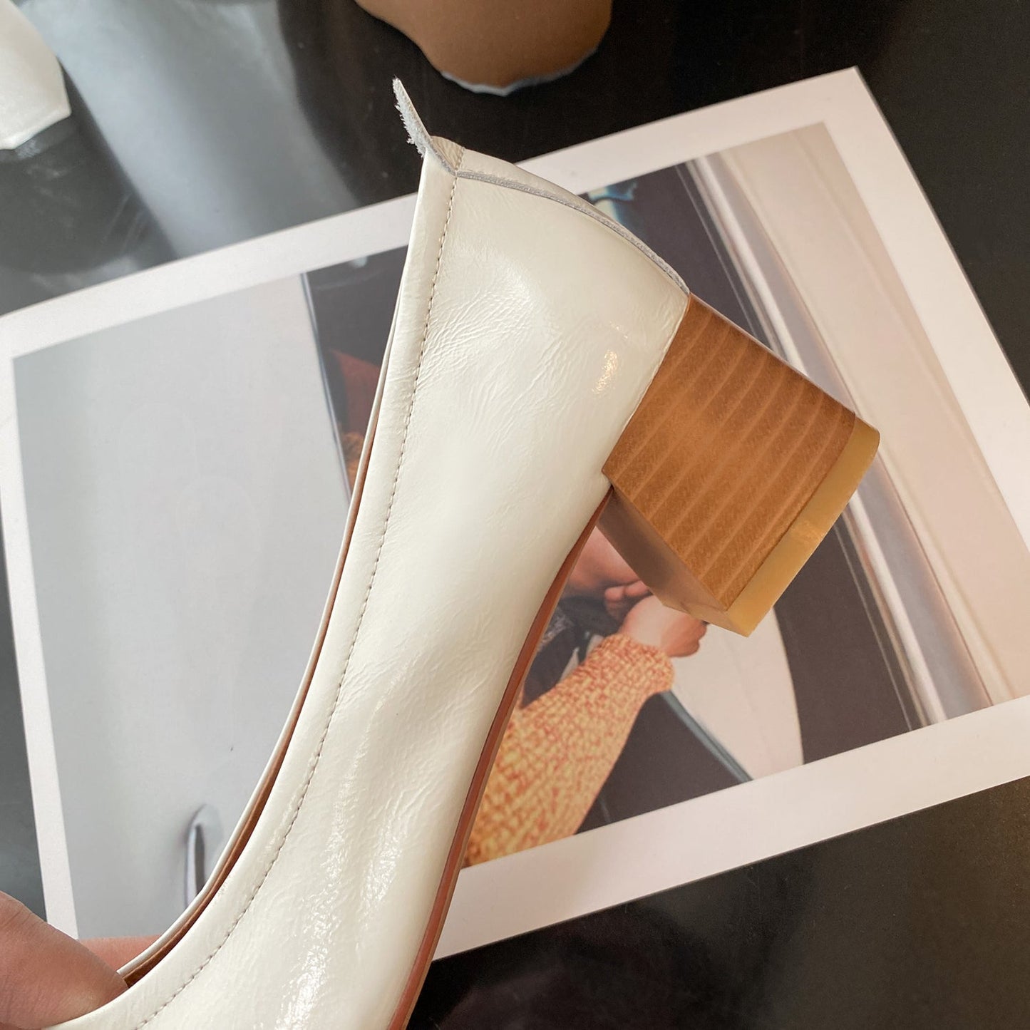 Nine Seven Women's Handmade Genuine Leather Chunky Heel Little Toe Slip On Office Pumps