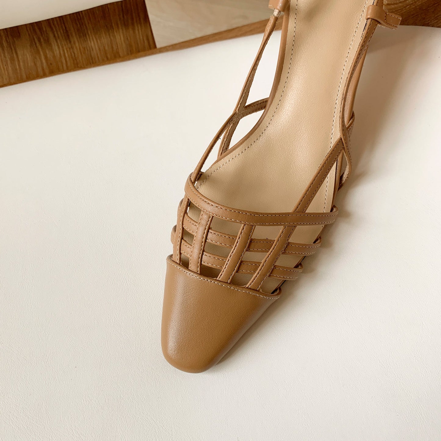 Nine Seven Genuine Leather Women's Handmade Closed Square Toe Chunky Heel Slingback Slip On Sandal Pumps