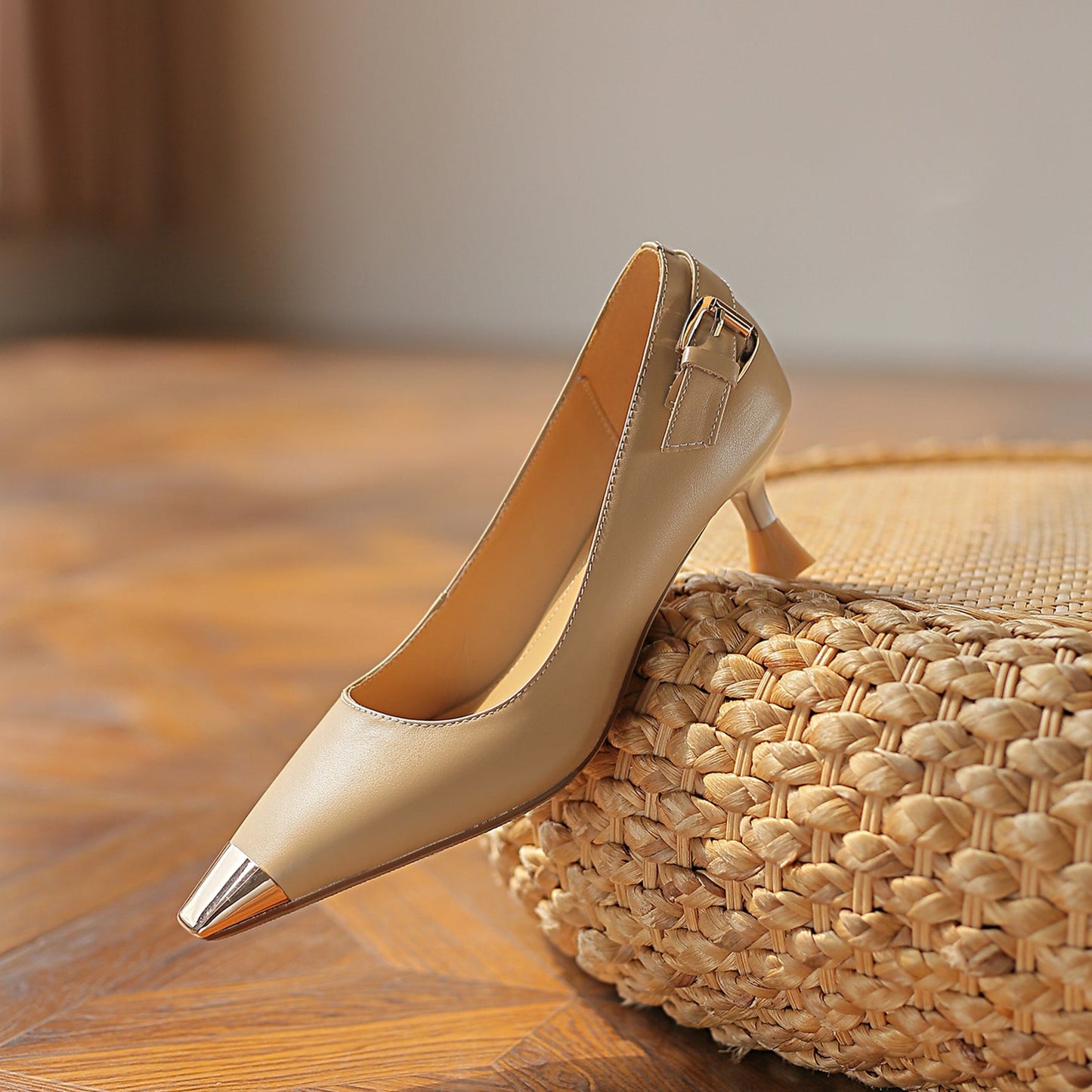 Nine Seven Genuine Leather Women's Handmade Mid Heel Metal Toe Slip On Pumps with Buckle Design