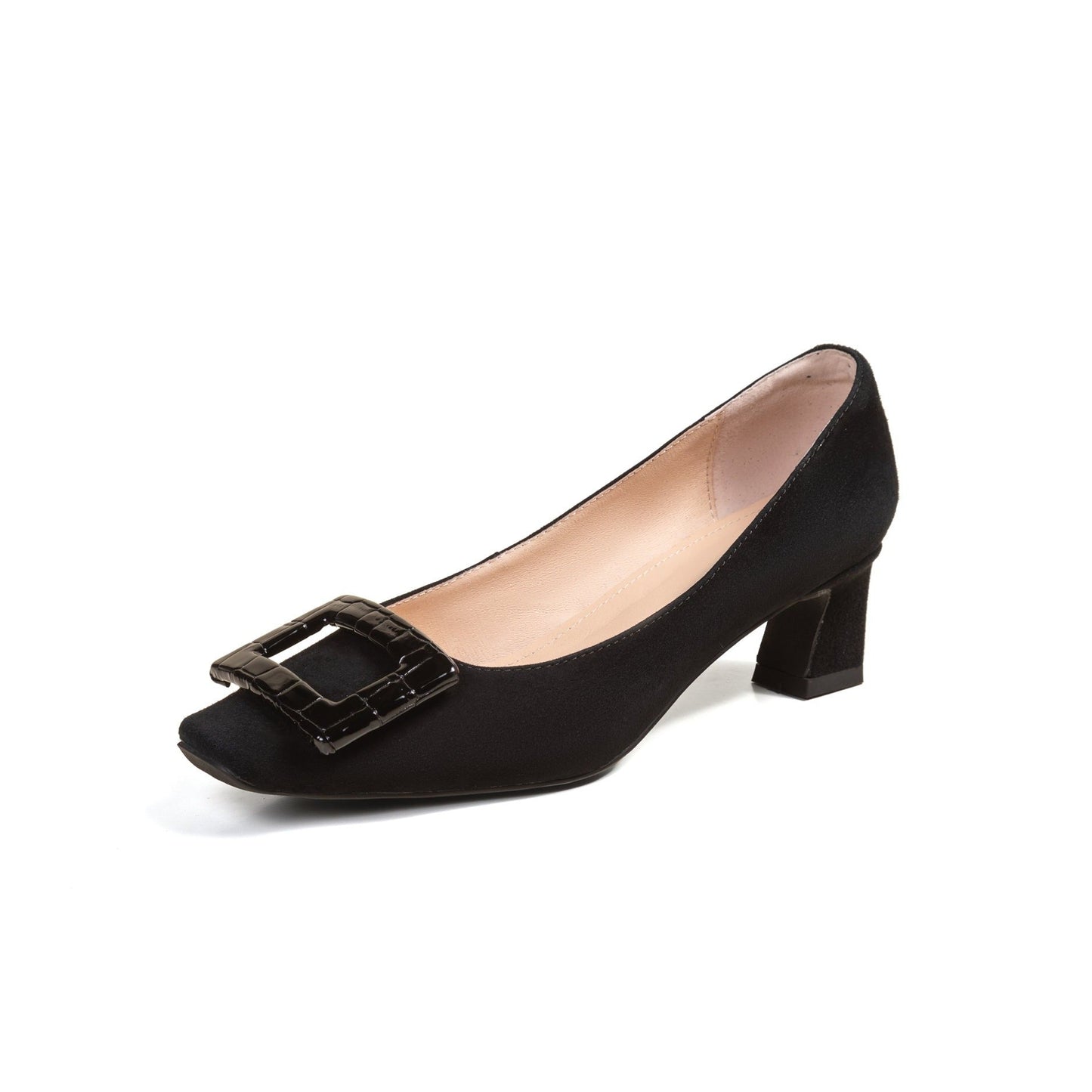 Nine Seven Women's Square Toe Suede Leather Handmade Buckle Low Chunky Heels Chic Pumps Shoes