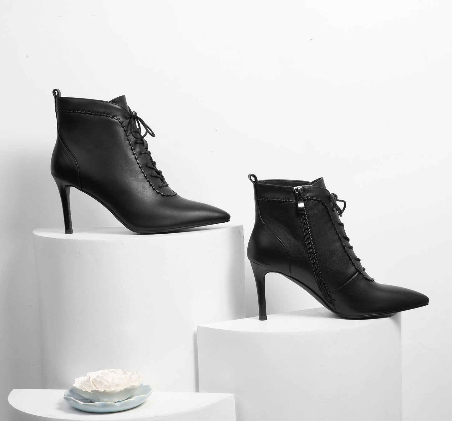 Nine Seven Women's Genuine Leather Sexy Stiletto Heel Handmade Zip Up Pointed Toe Booties with Selftie Design