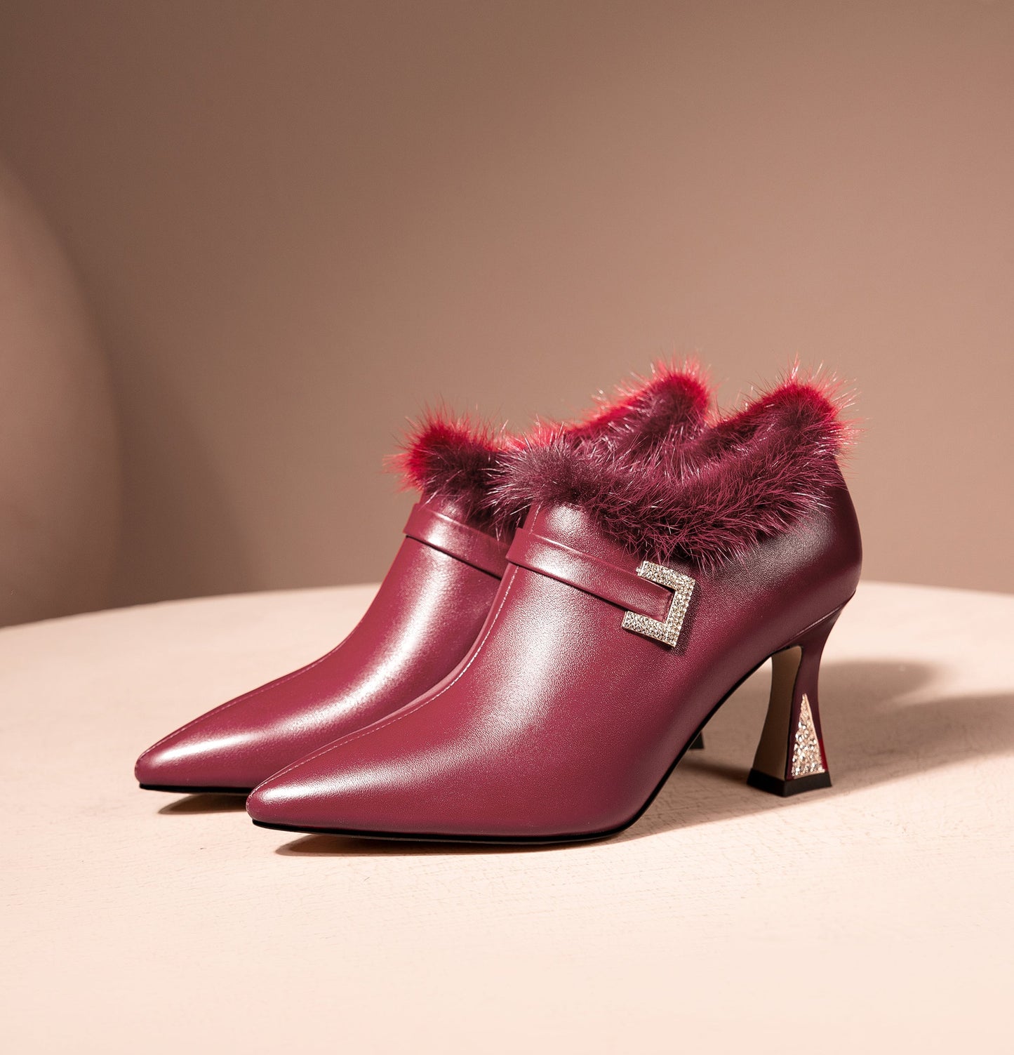 Nine Seven Genuine Leather Women's Handmade High Spool Heel Side Zip Up Glitter Rhinestone and Fur Design Oxford Pumps