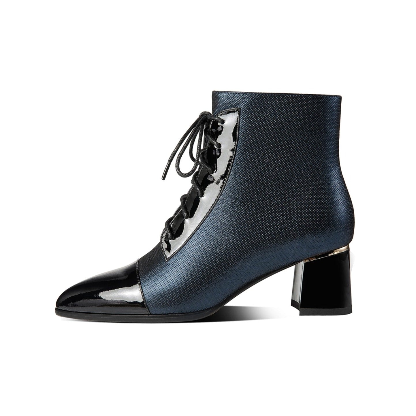 Nine Seven Women's Handmade Patent Genuine Leather Mid Heel Side Zip Up Cap-Toe Ankle Boots with Front Band Design