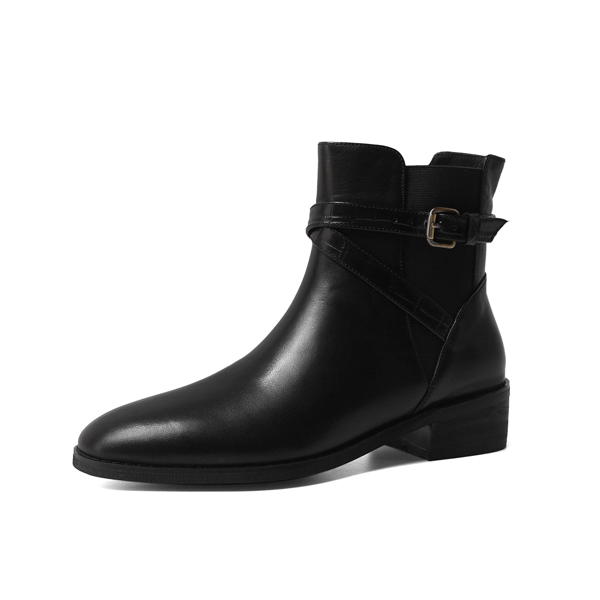 Nine Seven Women's Genuine Leather Round Toe Handmade Zipper Low Chunky Heels Retro Ankle Boots with Buckle