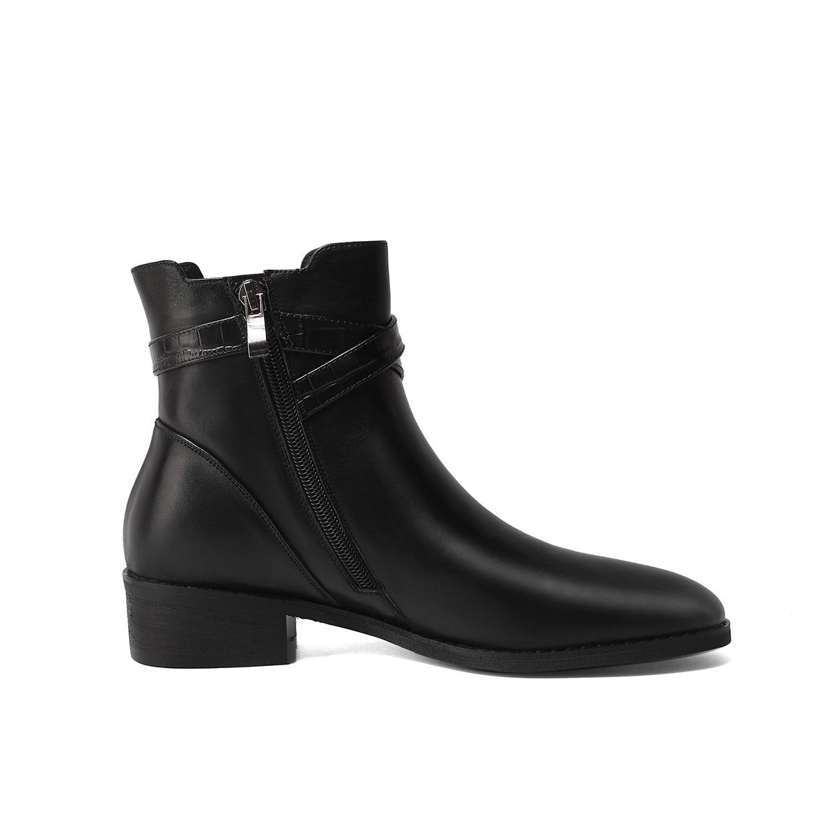 Nine Seven Women's Genuine Leather Round Toe Handmade Zipper Low Chunky Heels Retro Ankle Boots with Buckle