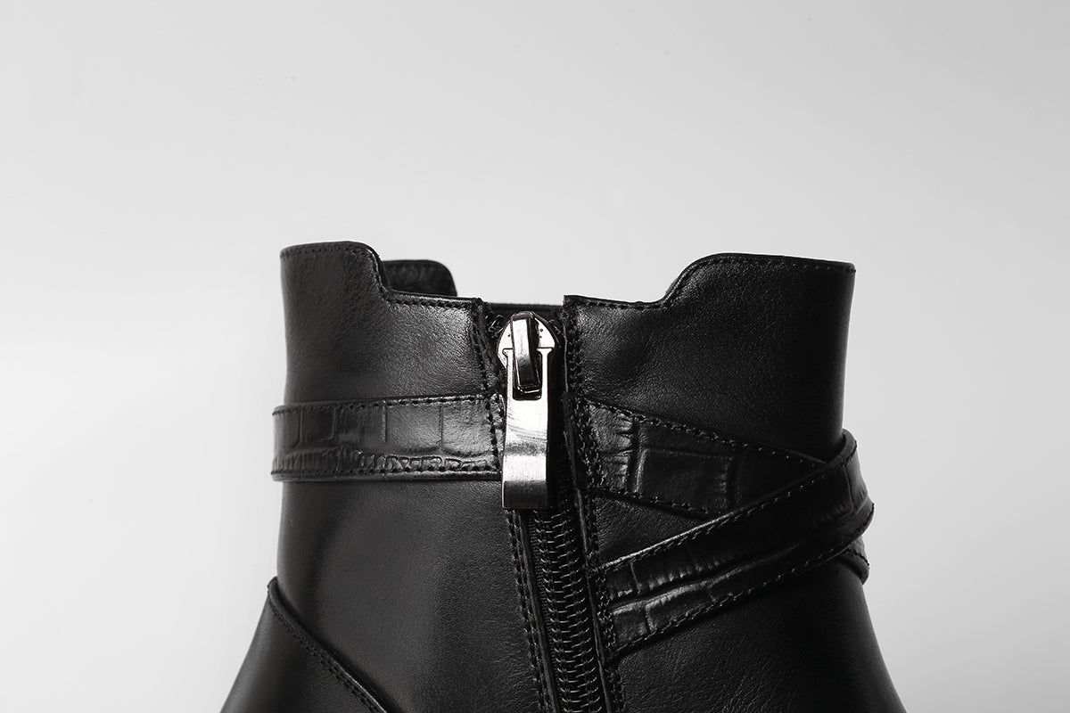 Nine Seven Women's Genuine Leather Round Toe Handmade Zipper Low Chunky Heels Retro Ankle Boots with Buckle