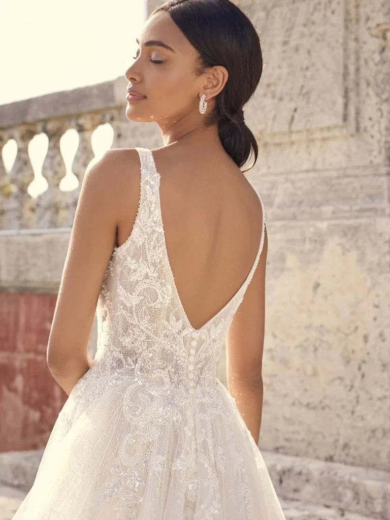 Nine Seven Straps Deep V-Neckline Sparkly Sequin Lace Scoop Back  A-Line Wedding Dress Customization