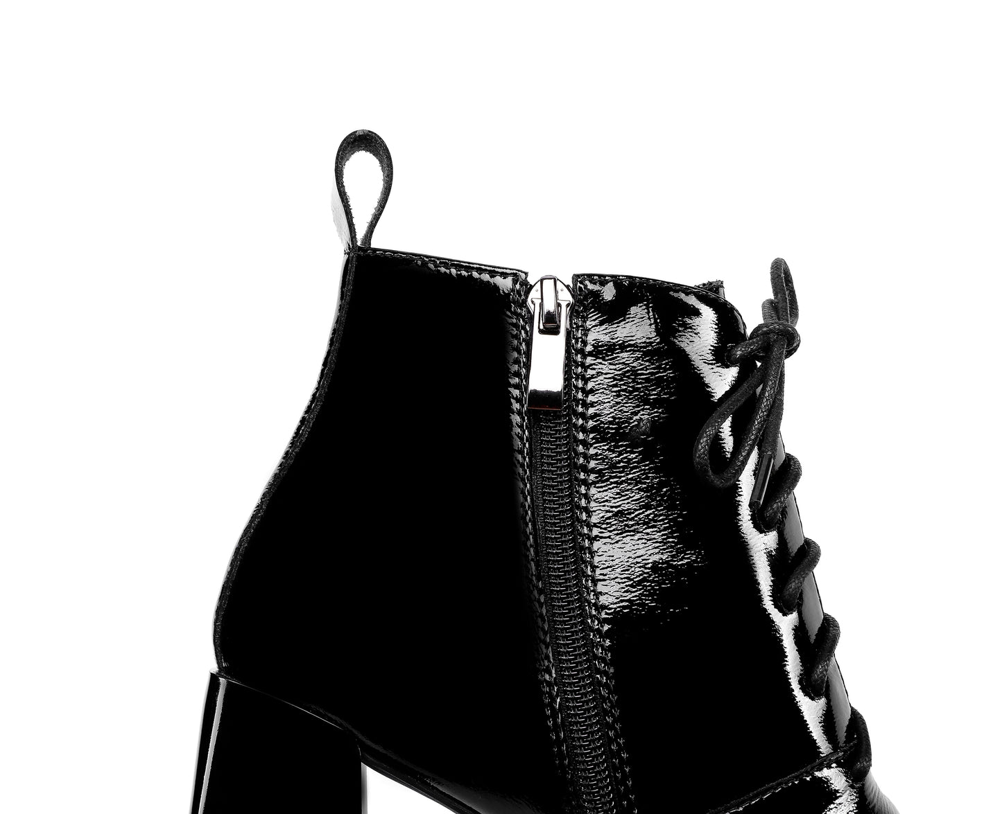 Nine Seven Women's Handmade Patent Leather Classic Square Toe Mid Block Heel Side Zip Lace Up Stylish Ankle Boots