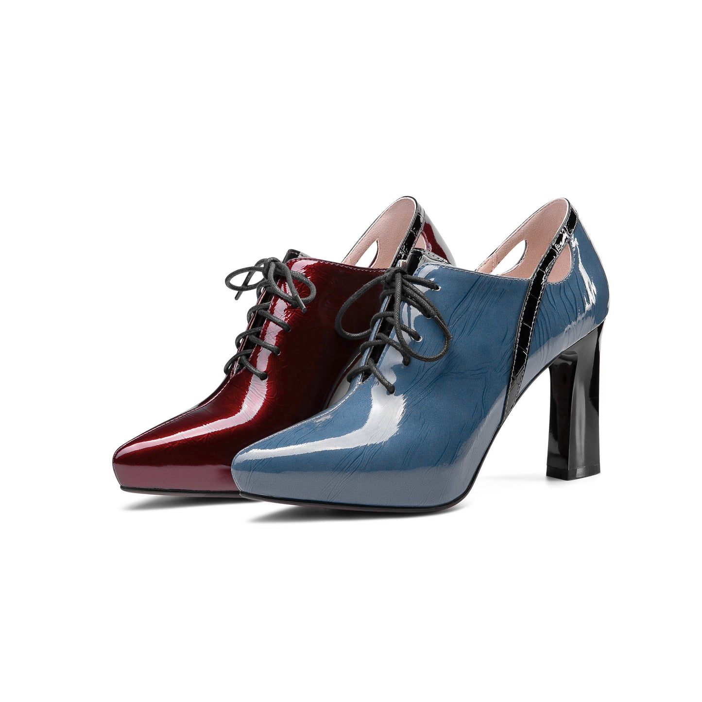 Nine Seven Women's Glossy Patent Leather Handmade Sexy High Chunky Heel Pointed Toe Lace Up Pump Shoes with Platform