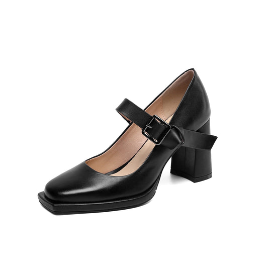 Nine Seven Women's Square Toe Genuine Leather Handmade Buckle High Chunky Heels Trendy Pumps Shoes