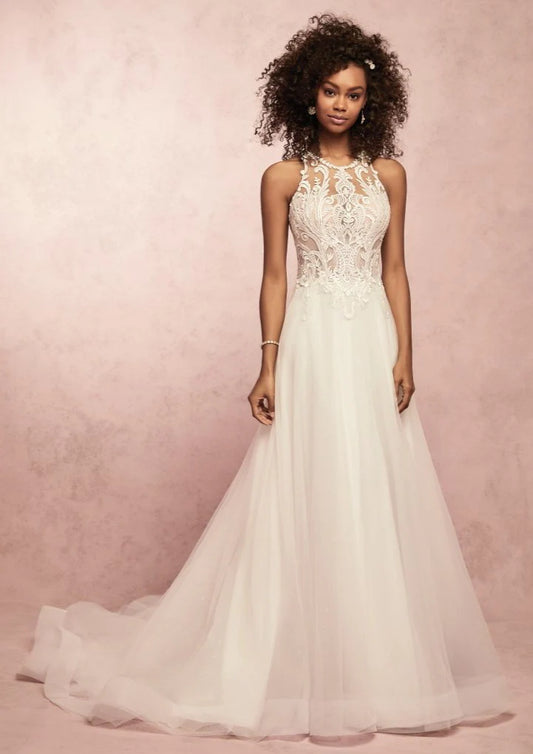 Nine Seven Lace Appiques Jewel Neck Button A-Line Wedding Dress Customization